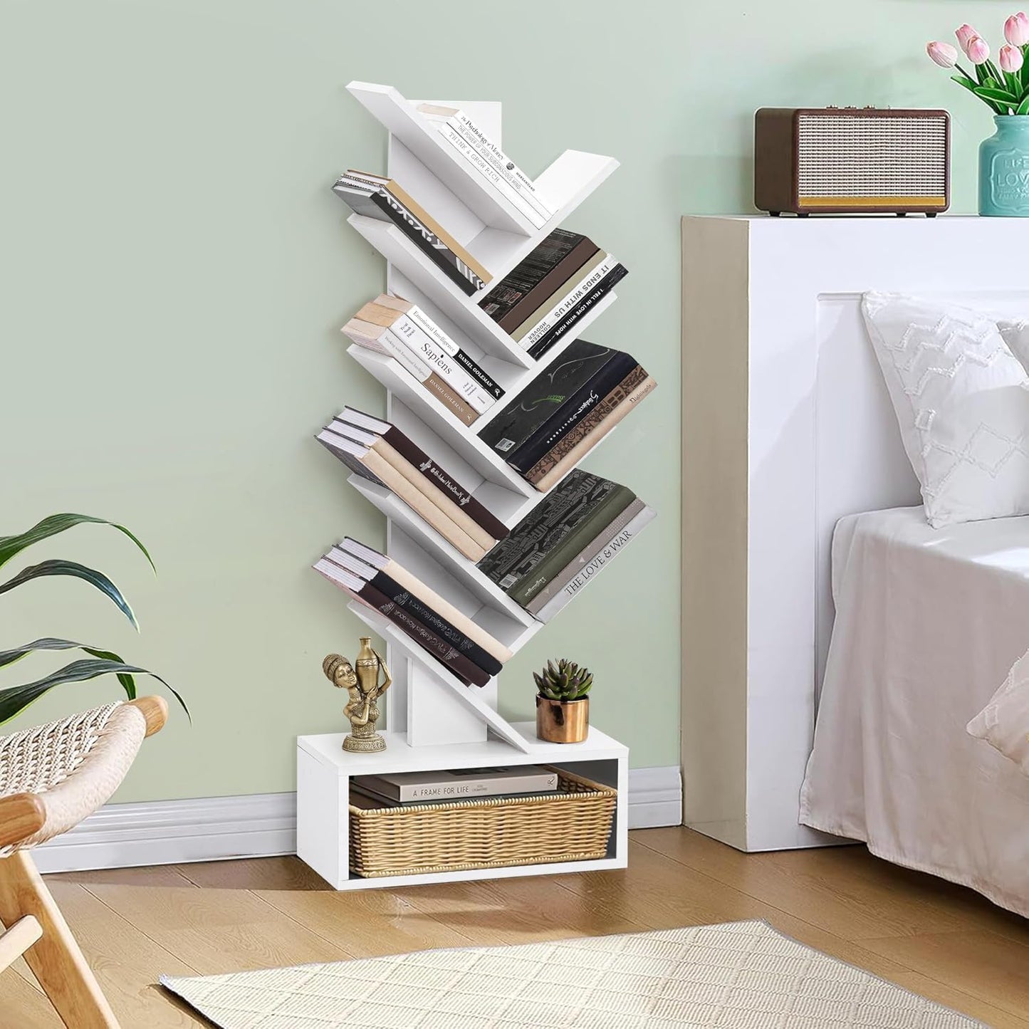 ABOUT SPACE Book Shelf for Home - 7 Tier Tree Shaped Book Rack for Study Room DIY Wooden Book Stand with Bottom Storage Space for Office, Livingroom, Bedroom (Brown - L 35 x B 17 x H 90 cm)