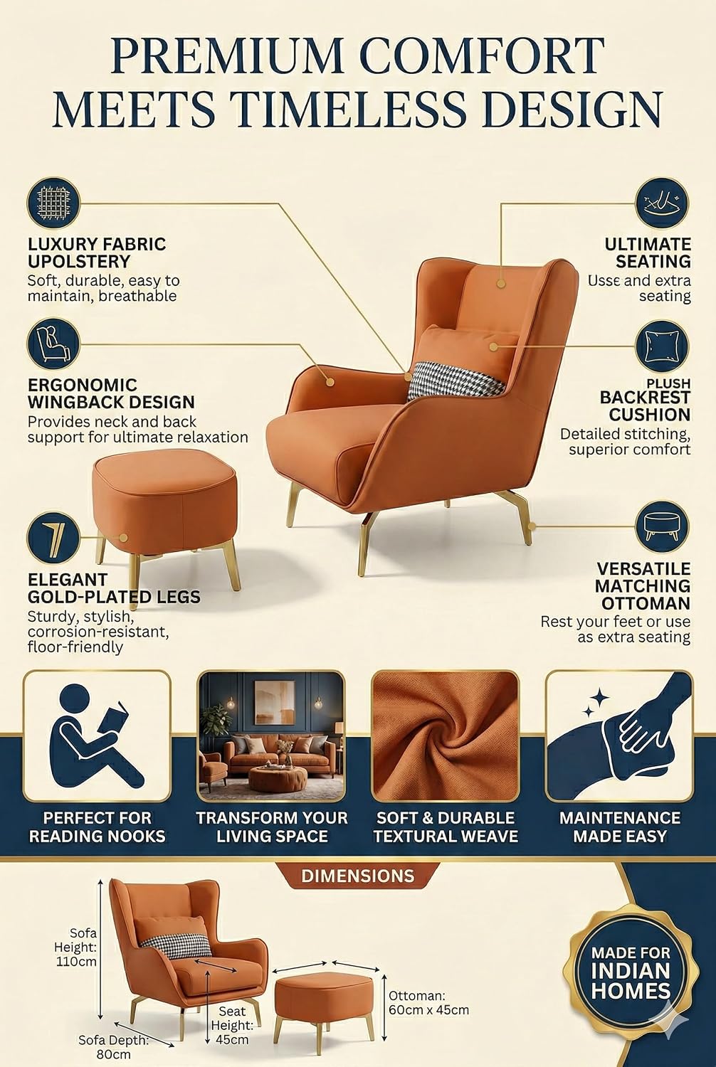 Hyperion Wingback Accent Chair with Ottoman, Faux Leather High-Back Lounge Armchair with Gold Metal Legs & Cushion for Living Room, Bedroom & Office, Single Seater (Burnt Orange)