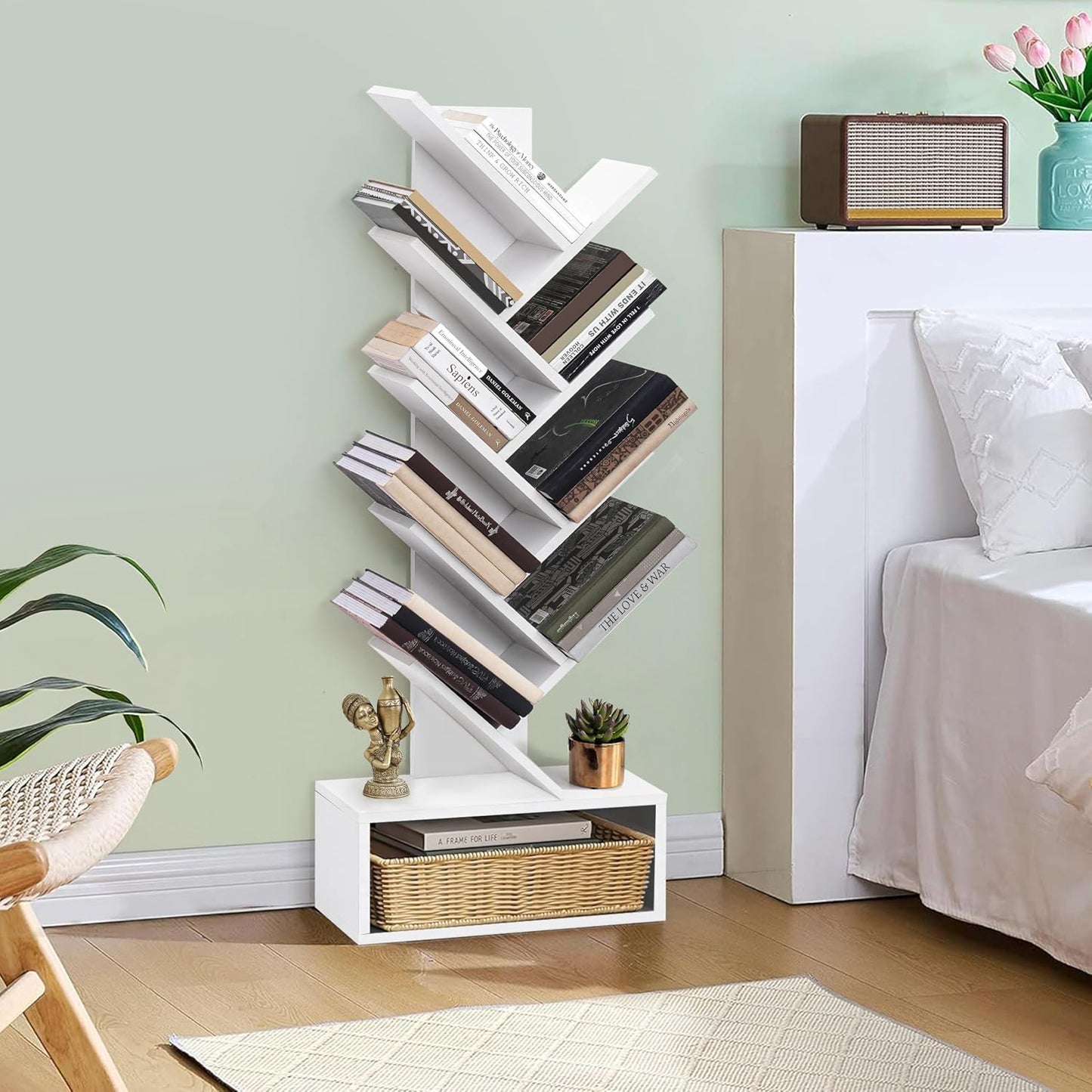 ABOUT SPACE Book Shelf for Home - 7 Tier Tree Shaped Book Rack for Study Room DIY Wooden Book Stand with Bottom Storage Space for Office, Livingroom, Bedroom (Brown - L 35 x B 17 x H 90 cm)