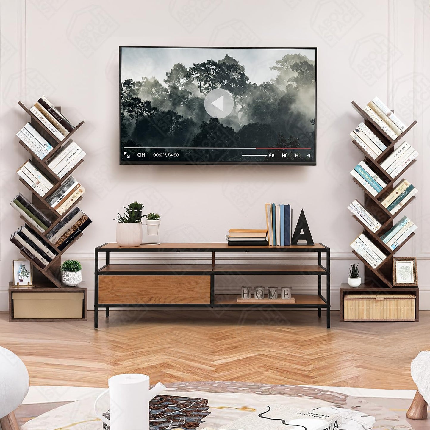 ABOUT SPACE Book Shelf for Home - 7 Tier Tree Shaped Book Rack for Study Room DIY Wooden Book Stand with Bottom Storage Space for Office, Livingroom, Bedroom (Brown - L 35 x B 17 x H 90 cm)