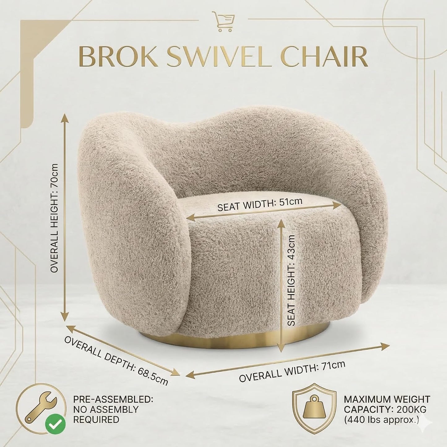 Kingsman Furnitures Brok Swivel Luxury Accent Arm Chair 360 Degree Rotatable Sofa for Home | Bedroom, Living & Drawing Room | Ultra Soft and Comfortable for Lounge Premium Boucle Fabric (Cream)