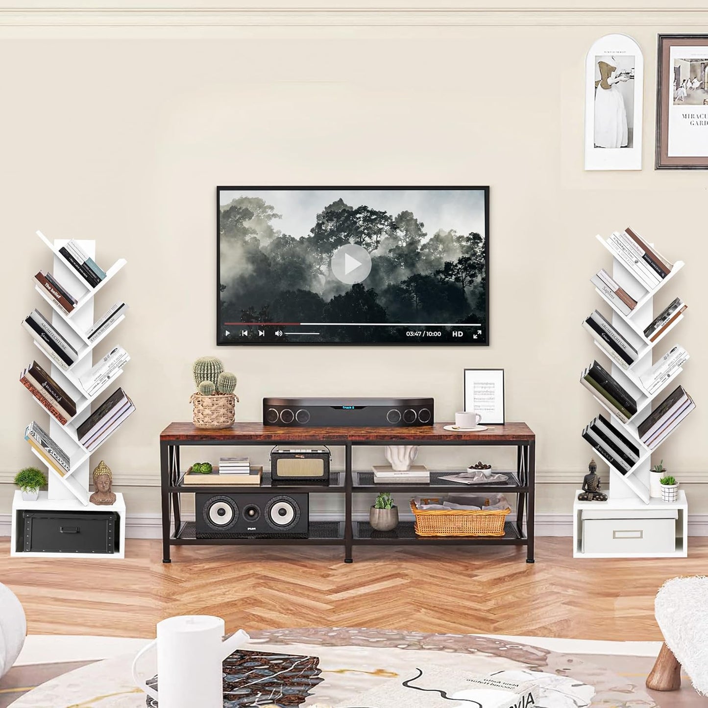 ABOUT SPACE Book Shelf for Home - 7 Tier Tree Shaped Book Rack for Study Room DIY Wooden Book Stand with Bottom Storage Space for Office, Livingroom, Bedroom (Brown - L 35 x B 17 x H 90 cm)