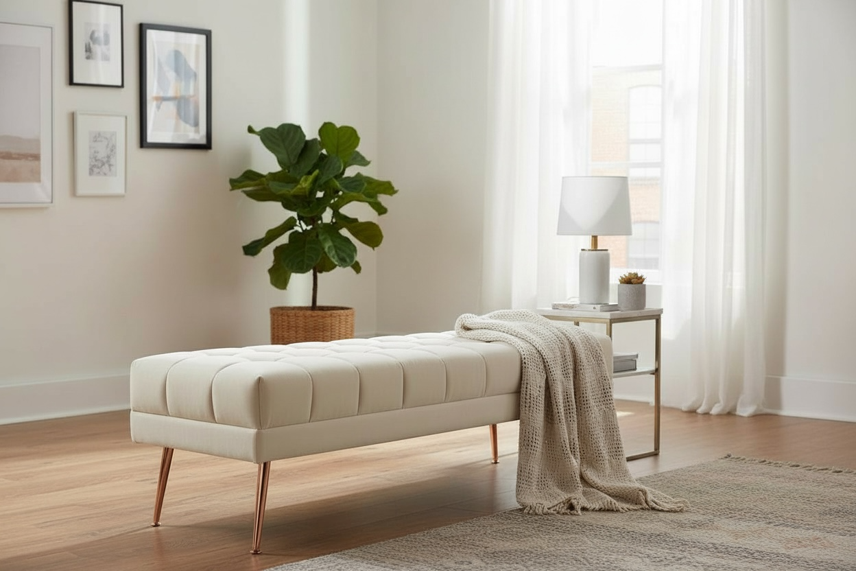 Cablec Crafts™ Tufted Velvet Bench for Living Room & Bedroom | Upholstered Accent Seating with Metal Legs | Chocolate Brown Bench (45×140×45 cm)