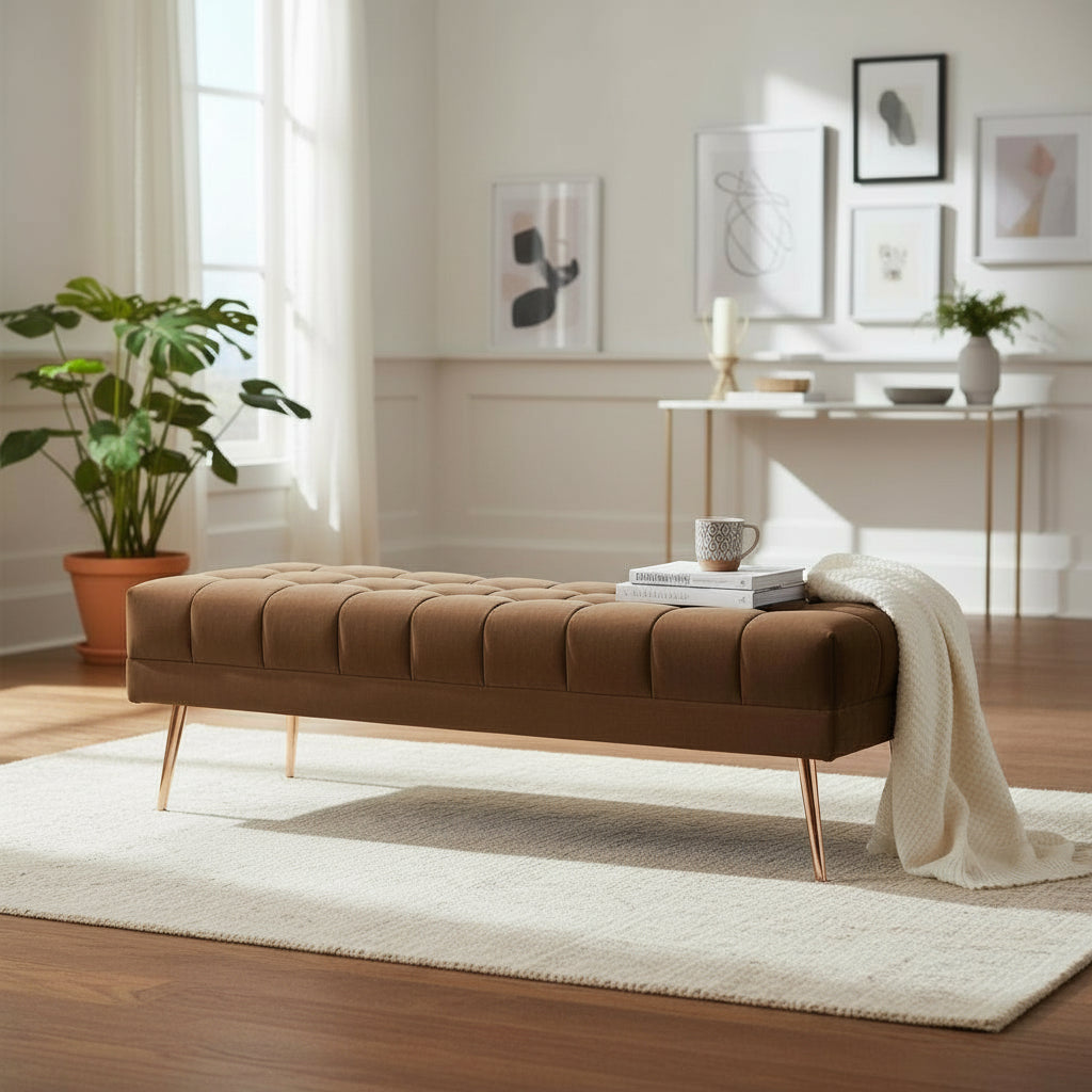 Cablec Crafts™ Tufted Velvet Bench for Living Room & Bedroom | Upholstered Accent Seating with Metal Legs | Chocolate Brown Bench (45×140×45 cm)
