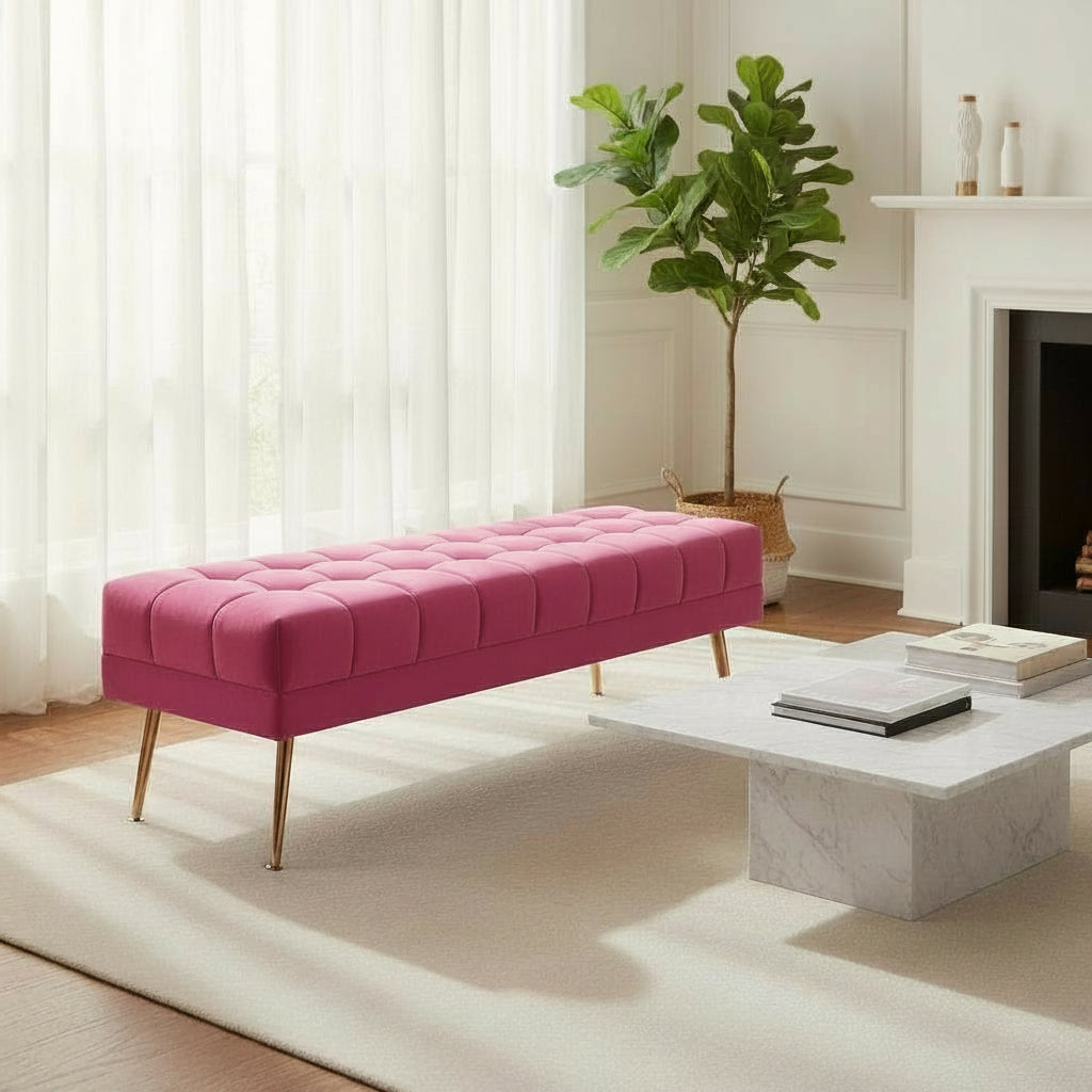 Cablec Crafts™ Tufted Velvet Bench for Living Room & Bedroom | Upholstered Accent Seating with Metal Legs | Chocolate Brown Bench (45×140×45 cm)