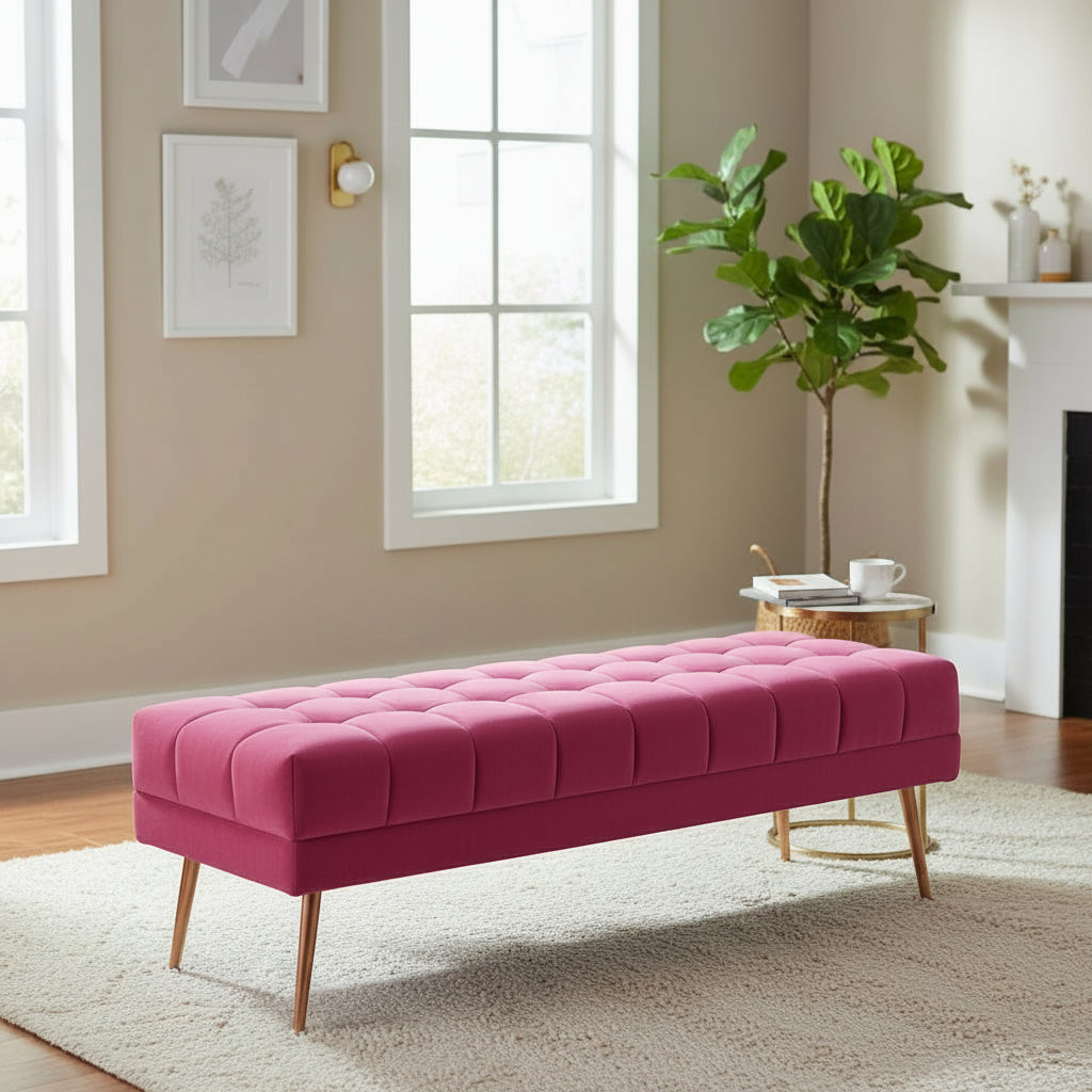Cablec Crafts™ Tufted Velvet Bench for Living Room & Bedroom | Upholstered Accent Seating with Metal Legs | Chocolate Brown Bench (45×140×45 cm)