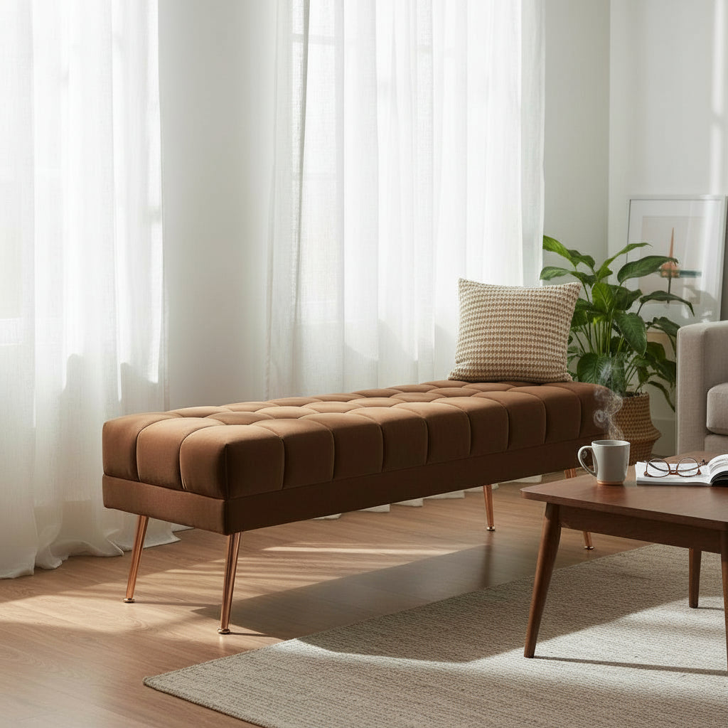 Cablec Crafts™ Tufted Velvet Bench for Living Room & Bedroom | Upholstered Accent Seating with Metal Legs | Chocolate Brown Bench (45×140×45 cm)
