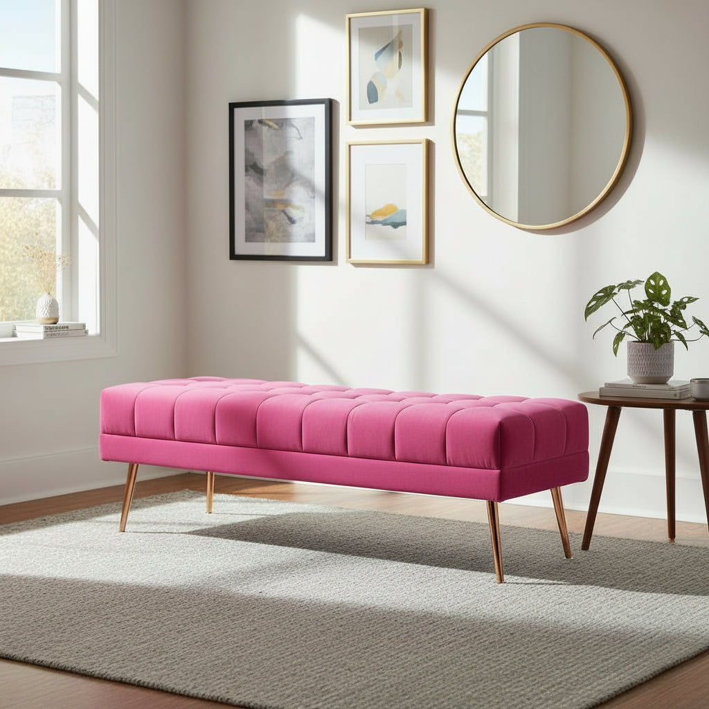 Cablec Crafts™ Tufted Velvet Bench for Living Room & Bedroom | Upholstered Accent Seating with Metal Legs | Chocolate Brown Bench (45×140×45 cm)