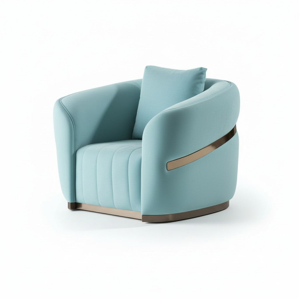 Cablec Crafts™ Selene Luxury Velvet Armchair with Champagne Gold Inlay | Modern Upholstered Tub Chair with Champagne Gold Metal Inlay and Base