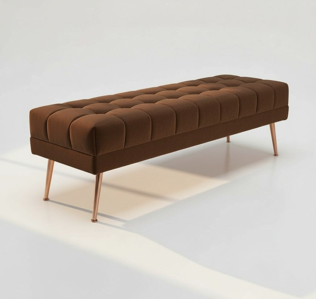 Cablec Crafts™ Tufted Velvet Bench for Living Room & Bedroom | Upholstered Accent Seating with Metal Legs | Chocolate Brown Bench (45×140×45 cm)